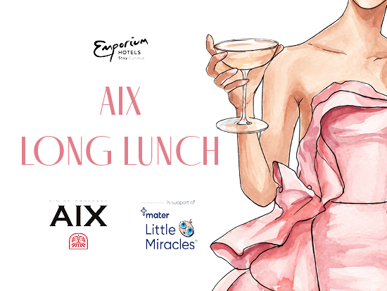 Illustration for the AIX Long Lunch at Emporium Hotel, featuring AIX and Mater Little Miracles branding.