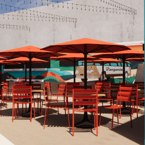 Outdoor dining area with umbrellas at Catalina Island Company