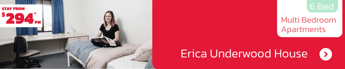Student enjoying bright shared accommodation at Erica Underwood House – 6-bed apartments available from $294 per week.