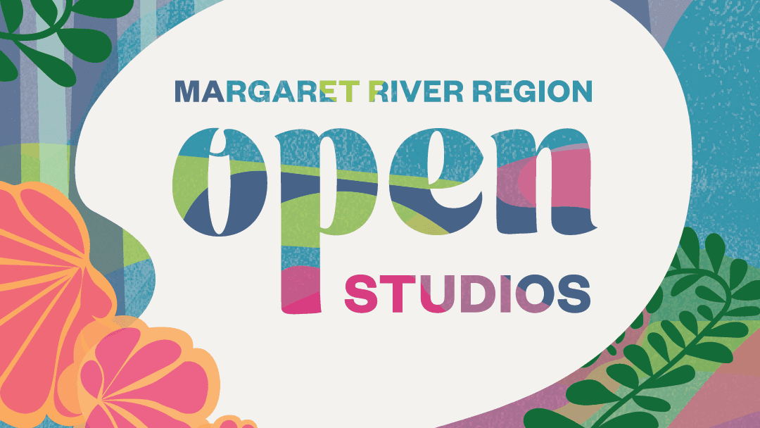 Colorful promotional graphic with Margaret River Region Open Studios logo surrounded by vibrant tropical flowers and foliage.