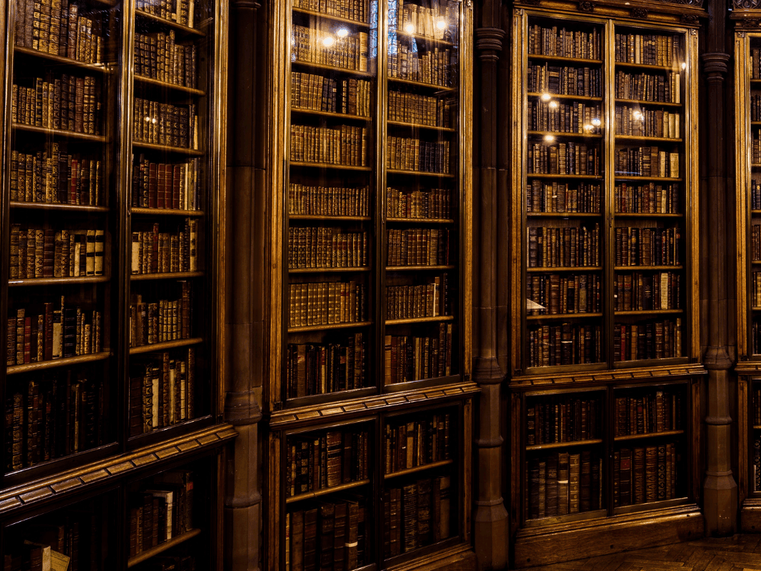 Arranged book cupboard in the library at Castle Hotel and Spa