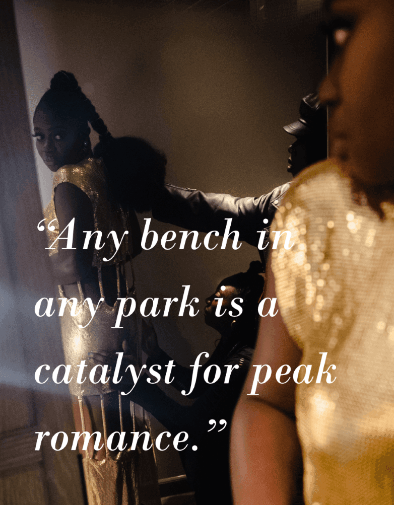 Any bench in any park is a catalyst for peak romance quote banner used at The Londoner