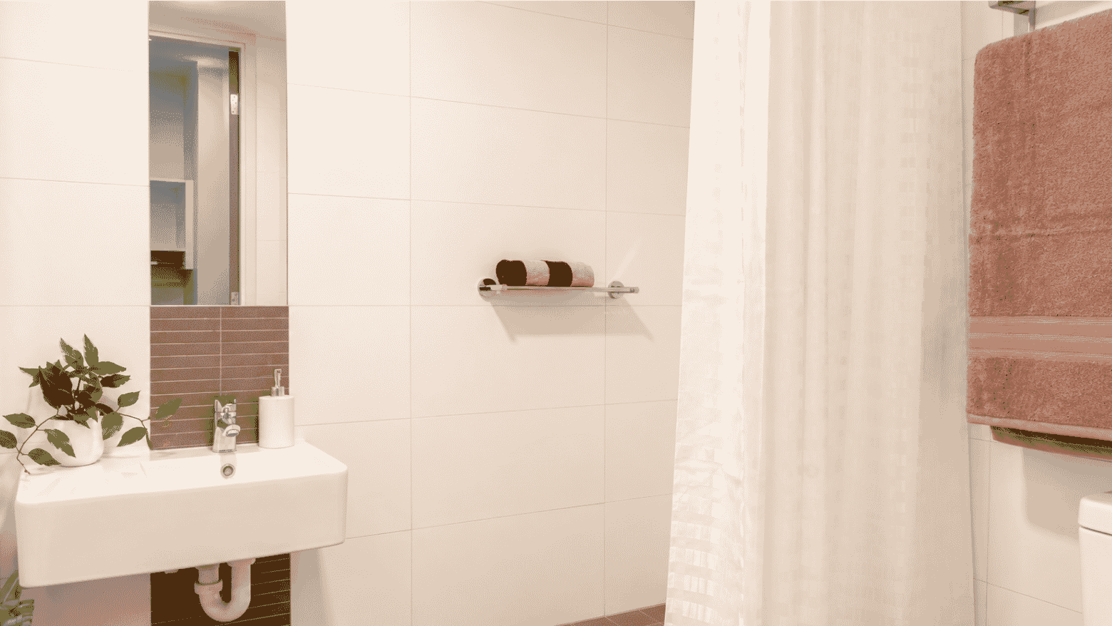 Modern bathroom with white sink, mirror, shelf with towels, shower curtain, and small plant at Student Living Waymouth