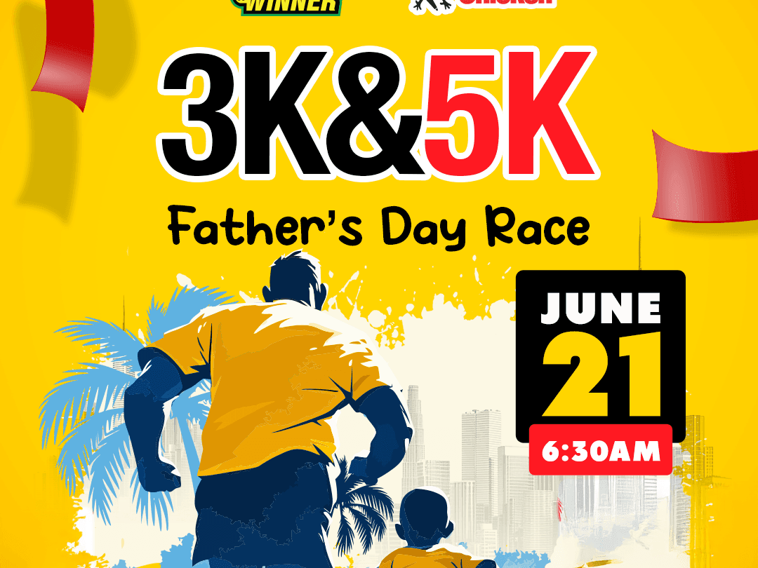 Father\'s Day Race promo banner showing silhouettes of father and child running toward city view near Jamaica Pegasus Hotel