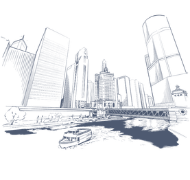 Black and white drawing of Chicago skyline at night with boat on river at Warwick Allerton Chicago Redesign