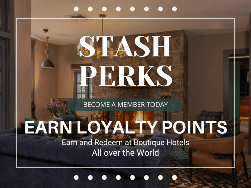 Color photo of lobby with fireplace and comfy seating along with promo details