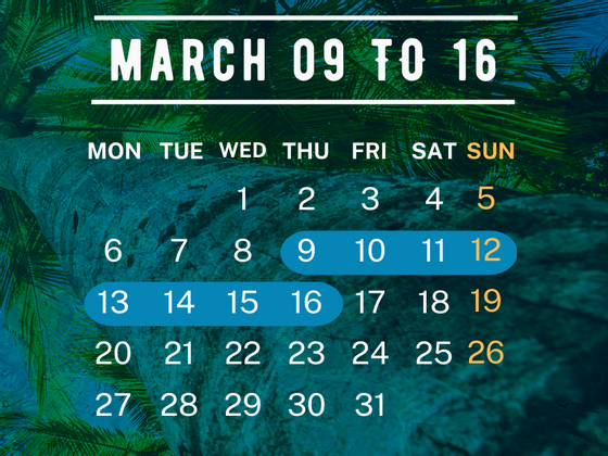 Calendar of March 9th - 16th at Playa Blanca Beach Resort