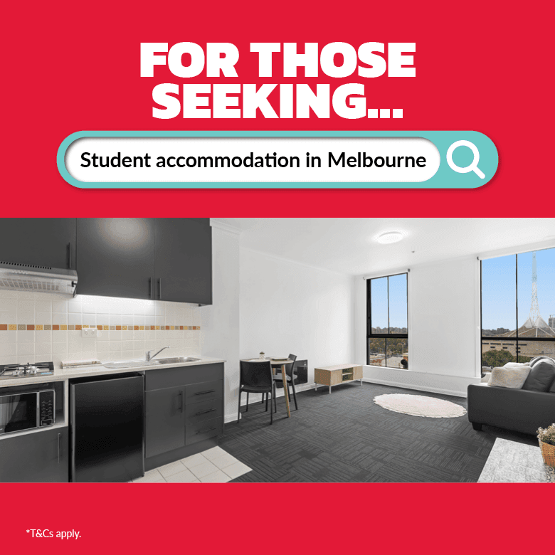 Modern kitchen and living room in Student Living on Flinders accommodation in Melbourne.