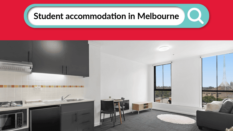 Modern kitchen and living room in Student Living on Flinders accommodation in Melbourne.