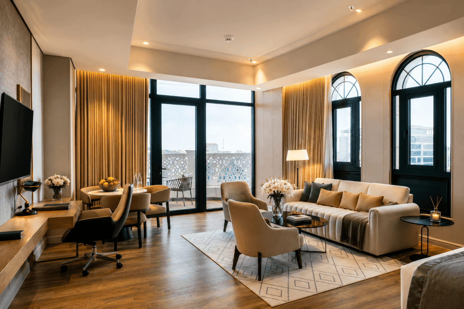 Living room with plush sofa and dining set at Naviti by Warwick Jeddah, showcasing luxurious hotel rooms in Jeddah