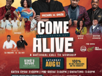 Michael W Smith Come Alive Emancipation Day concert poster with performer portraits near Jamaica Pegasus Hotel