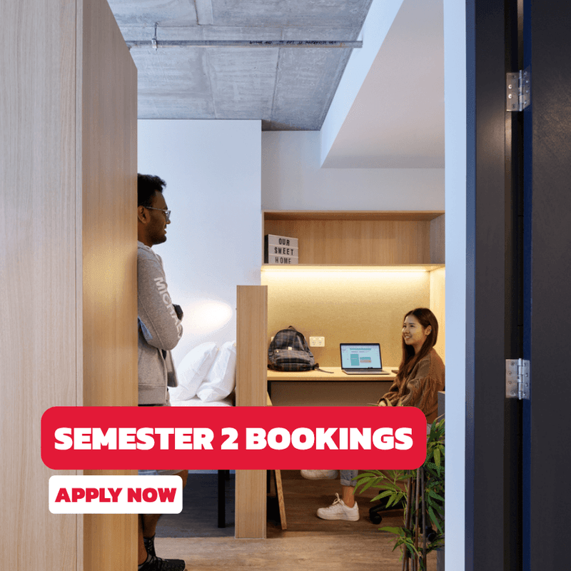 Two students in modern accommodation at UniLodge Melbourne City