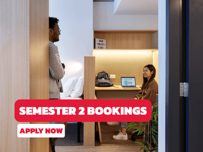 Two students in modern accommodation at UniLodge Melbourne City