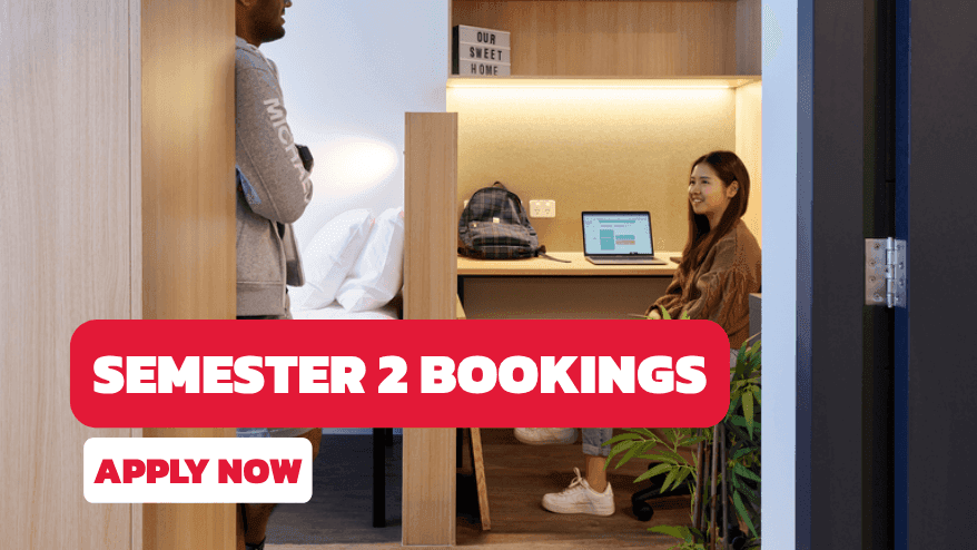Two students in modern accommodation at UniLodge Melbourne City