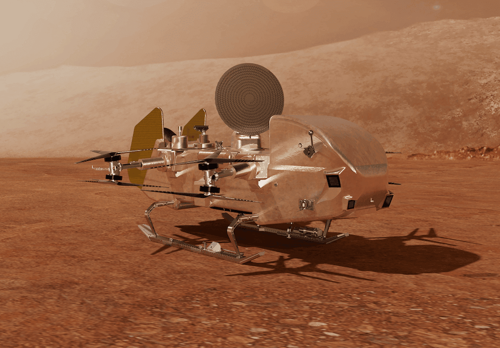 A rendering of Dragonfly rotorcraft as it prepares to sample and examine the surface of a landing site on Titan.