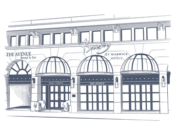 Line art of the classic exterior and Avenue Restaurant at Hotel Barsey by Warwick