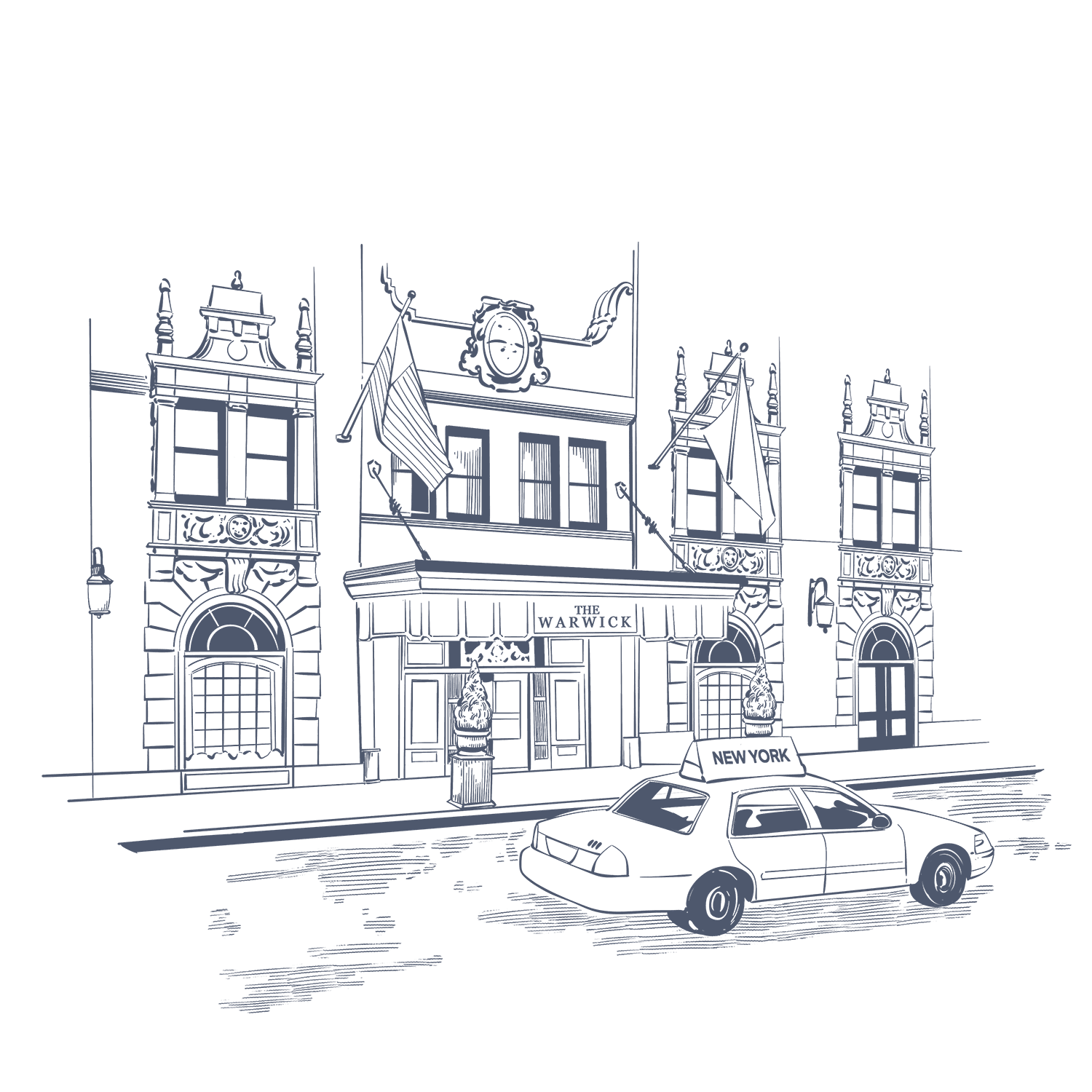 Line drawing of the historic architectural facade and entry at Warwick New York