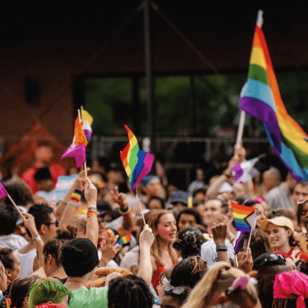 A crowd of LGBTQ crowd goers celebrating pride month