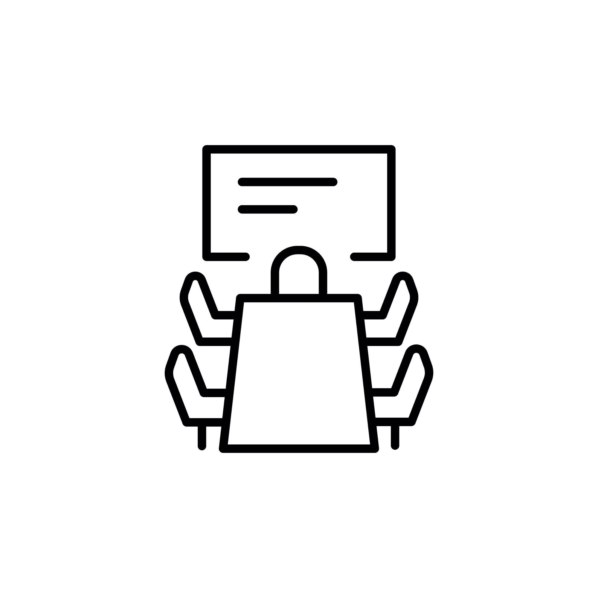 Outline of a meeting room with chairs, a table and TV screen