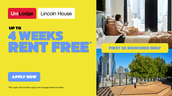 Promotional banner showing up to 4 weeks rent free offer with images of modern apartment living and city skyline views at UniLodge Lincoln House