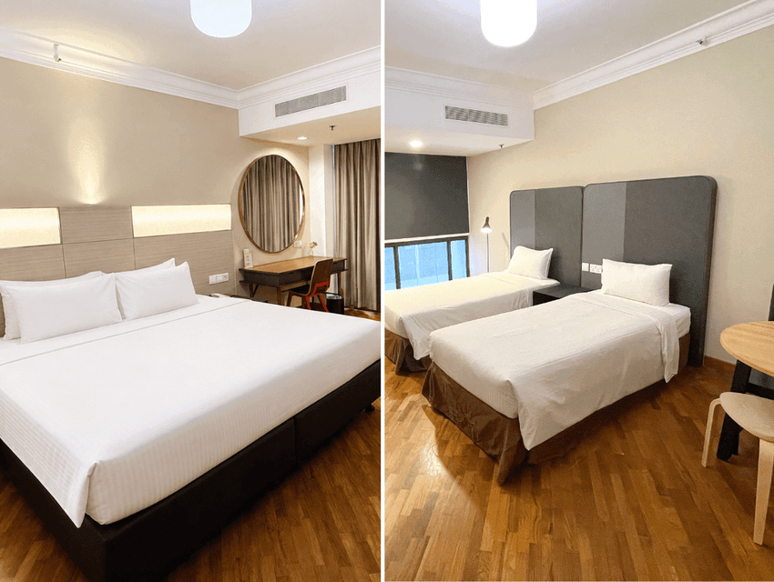 Split image of the Two Bedroom Serviced Suite with cozy beds for an extended stay at YWCA Fort Canning