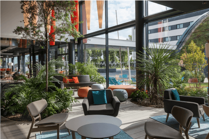 Interior & decor of a lounge area with indoor plants at Oceania Hotels