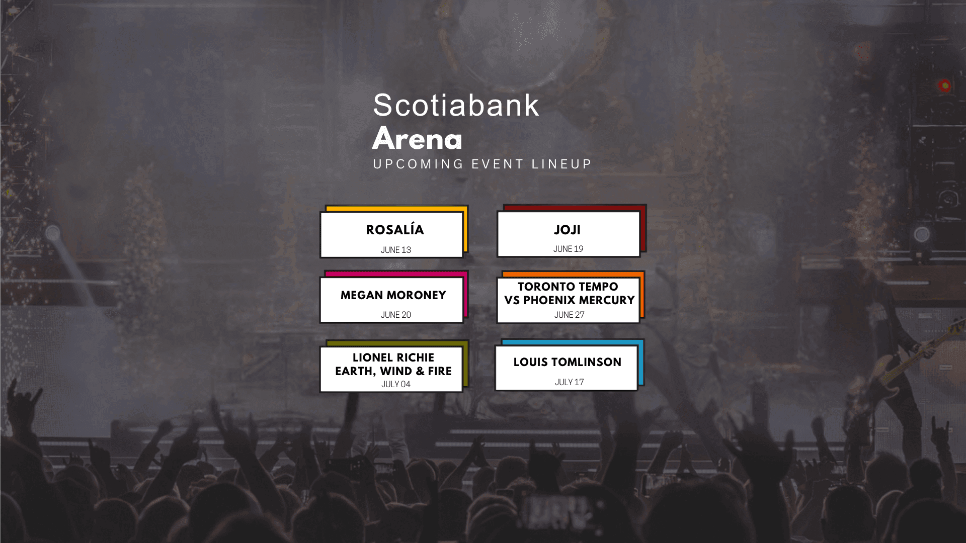 Event banner of Scotiabank Arena upcoming concerts and sports lineup near Hotel X Toronto, set over a live concert crowd