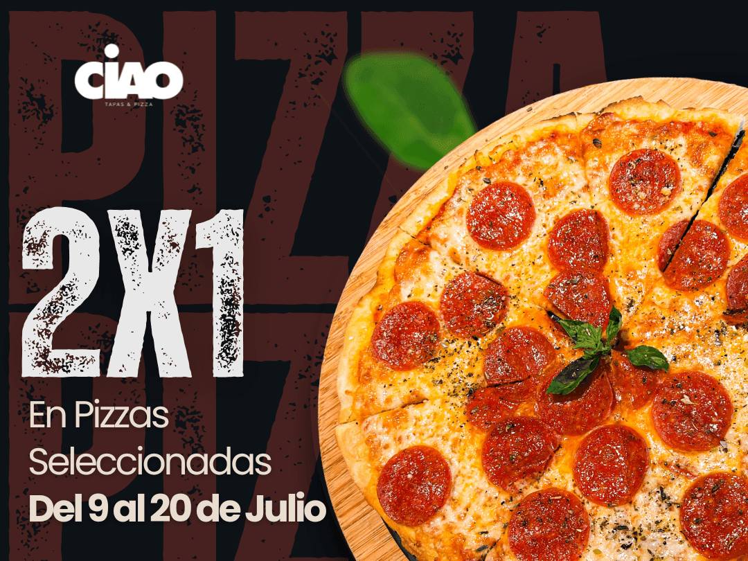 Sliced pepperoni pizza on a wooden plate with green leaves, text reads