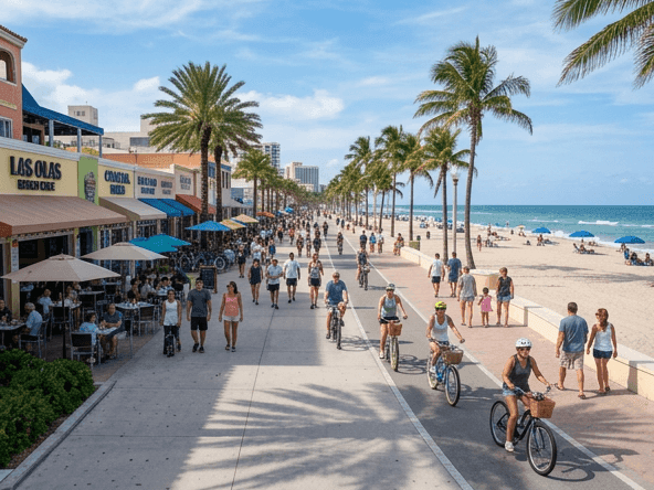 People riding bicycles and walking along a wide, palm-tree-lined beachfront promenade near The Atlantic Hotel & Spa