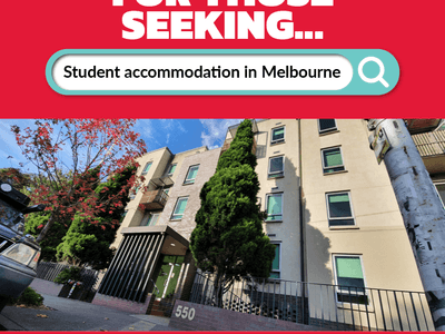 Student Living 550 Lygon advertisement for Semester 2 bookings showing a building 