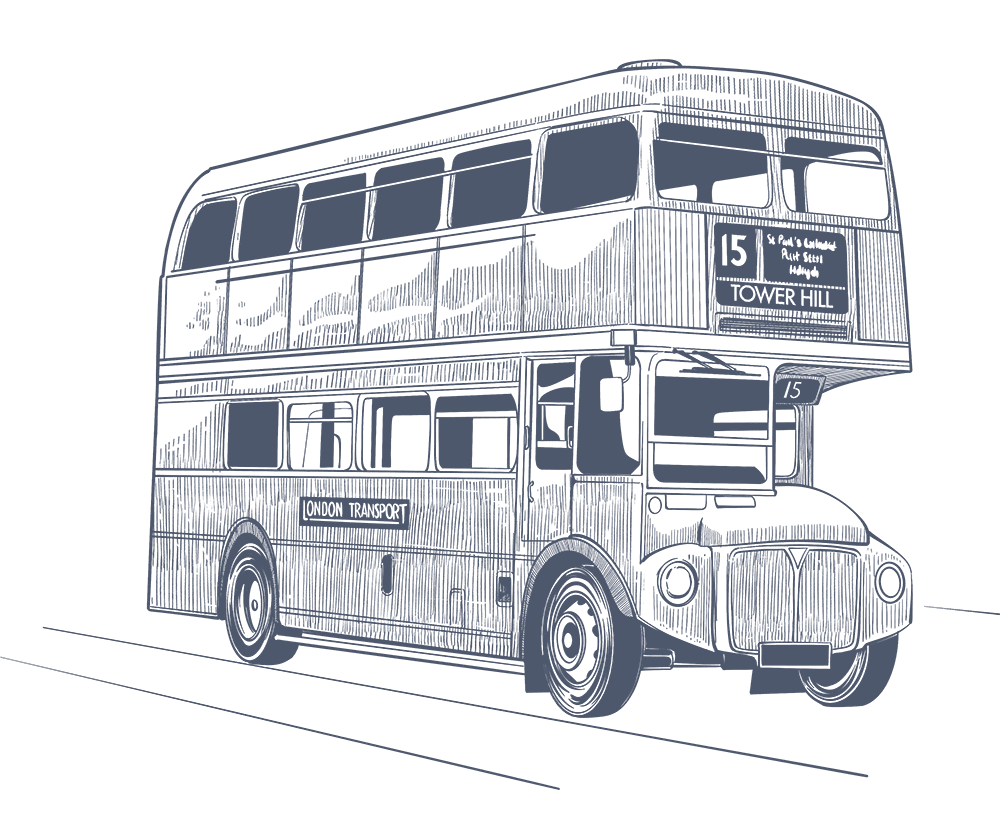 Line art of a classic red double-decker bus by a street near The Capital Hotel, Apartments and Townhouse