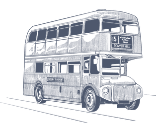 Line art of a classic red double-decker bus by a street near The Capital Hotel, Apartments and Townhouse