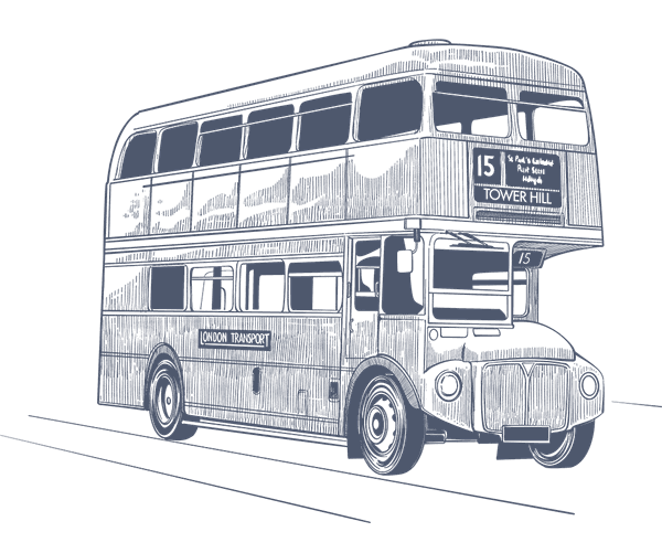 Line art of a classic red double-decker bus by a street near The Capital Hotel, Apartments and Townhouse