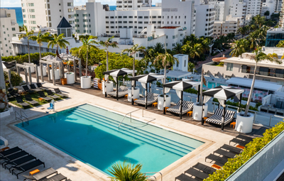 Aerial view of the rooftop pool & sunbeds at South Beach Hotel