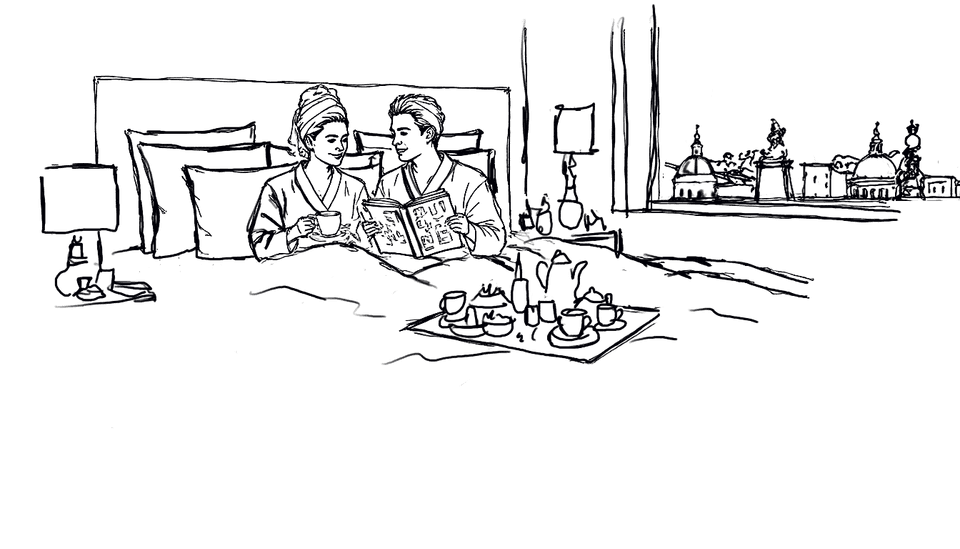 Sketch of a cozy couple enjoying a meal in bed with a city view, accented by a glowing lamp at The Republic Hotel