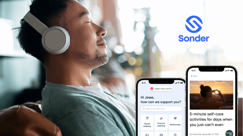 Uni student with headphones relaxing on couch with Sonder app on smartphone in offers module.