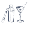 Illustration d'un shaker et d'un verre à cocktail avec olive sur fond noir à l'Hotel Westminster Warwick Paris