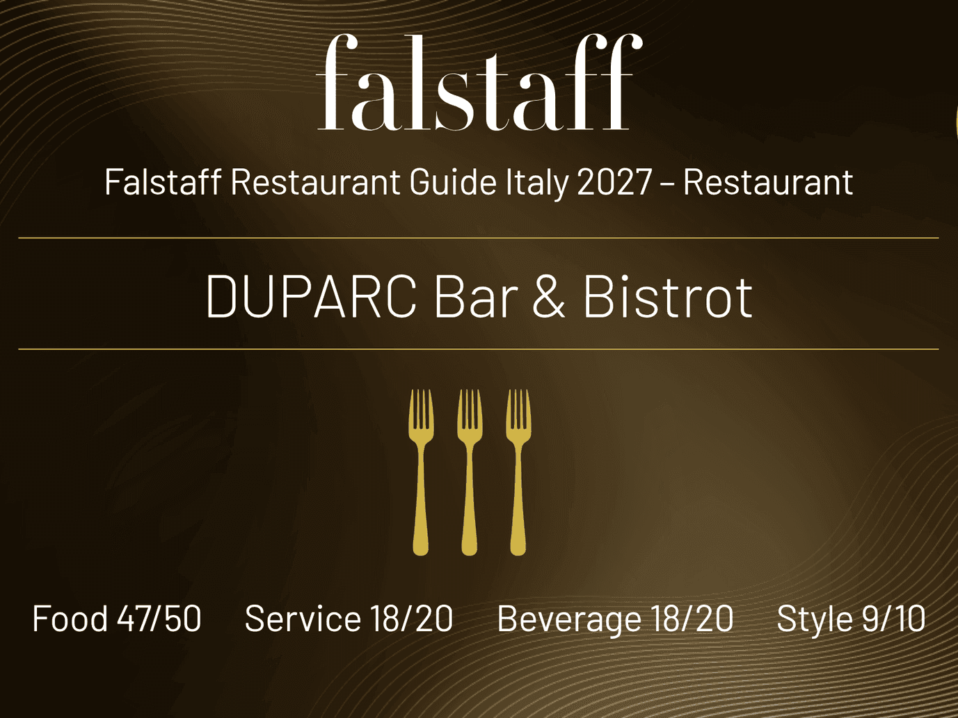 Award certificate showing DUPARC Bar & Bistrot received 92 points in the Falstaff Restaurant Guide Italy 2027.
