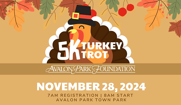 A cartoon turkey on the logo for the Avalon Park 5K Turkey Trot in Orlando.