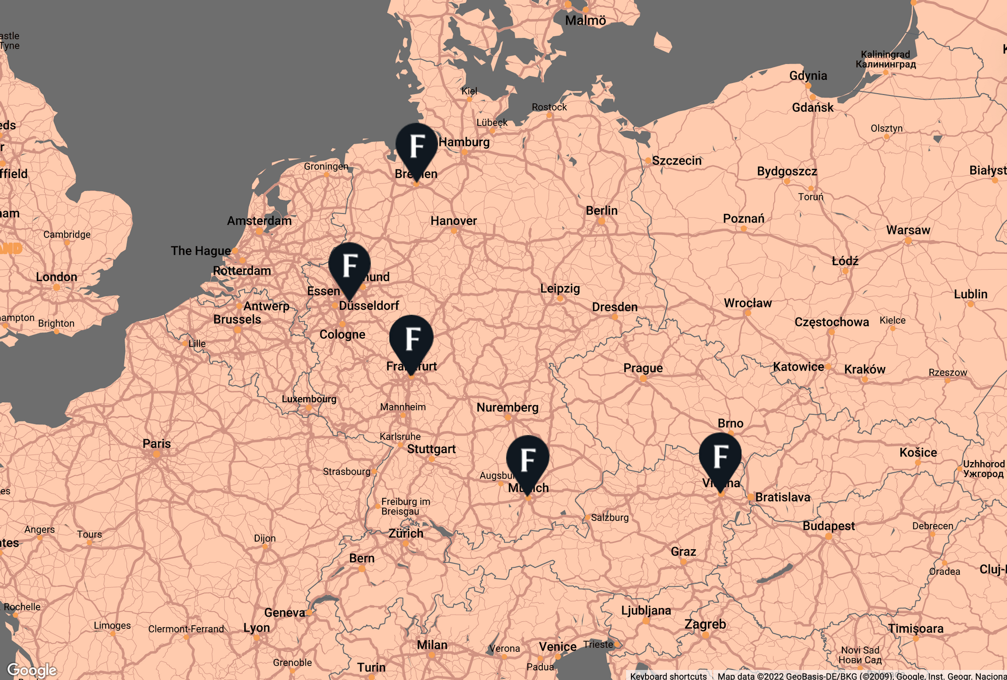 Eine Karte mit den Standorten der Flemings Hotels