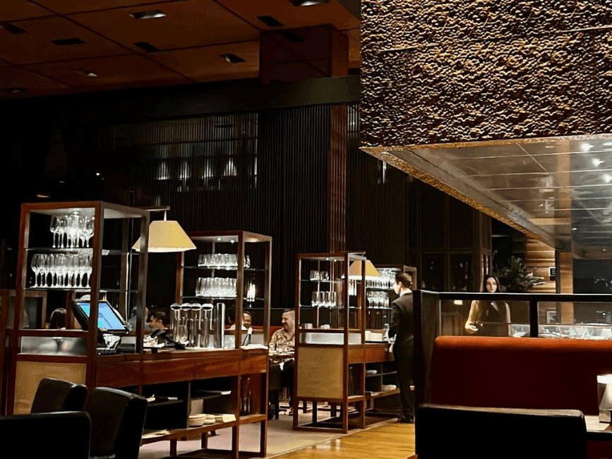 View inside the restaurant with the open kitchen off to the right
