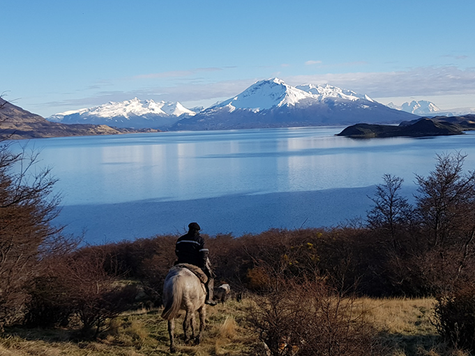 A man riding a horse near The Singular Patagonia