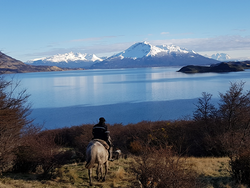 A man riding a horse near The Singular Patagonia