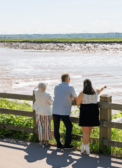 Three people leaning over a wooden fence, observing the muddy tidal river waters along the scenic trail near Rodd Moncton