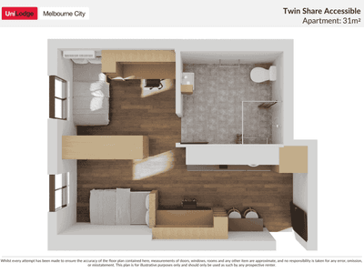 Floor plan of a twin share accessible apartment showing two beds, a bathroom, and a kitchen.