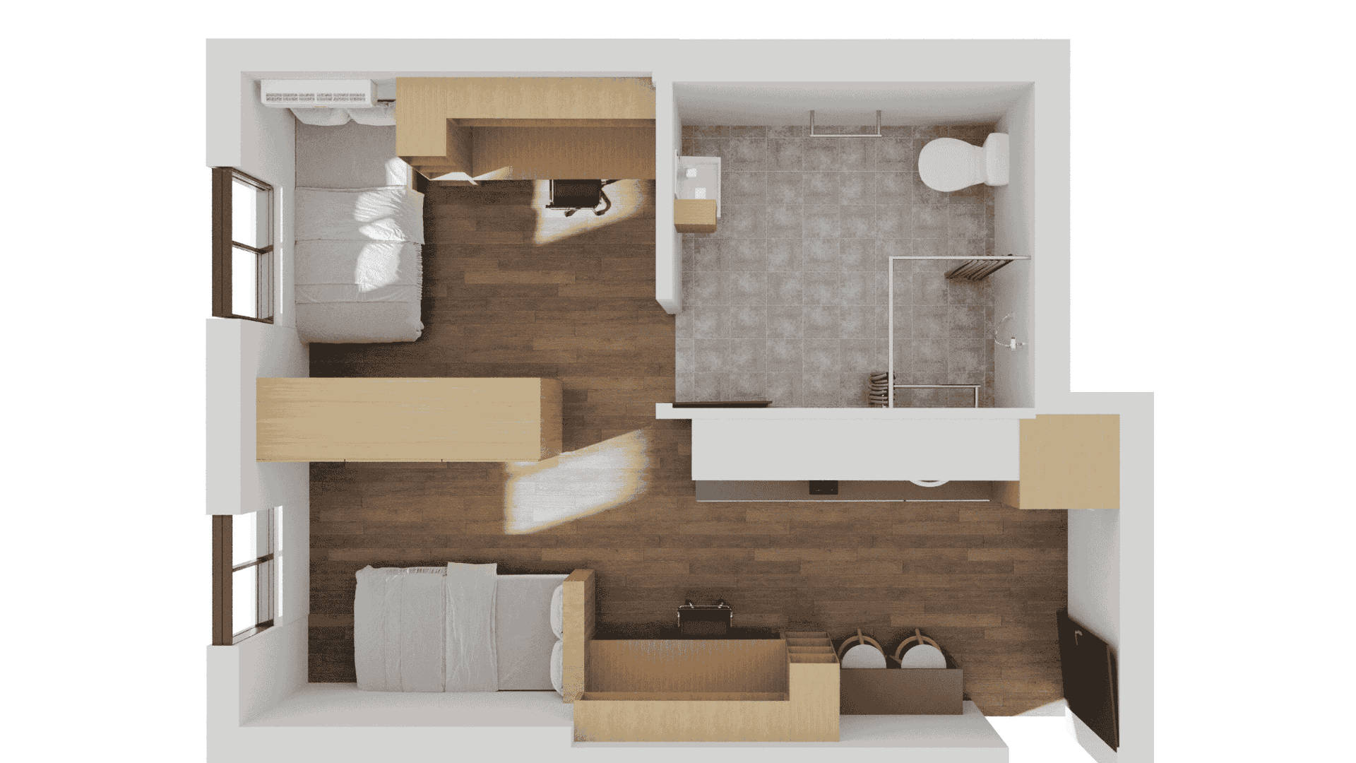 Floor plan of a twin share accessible apartment showing two beds, a bathroom, and a kitchen.
