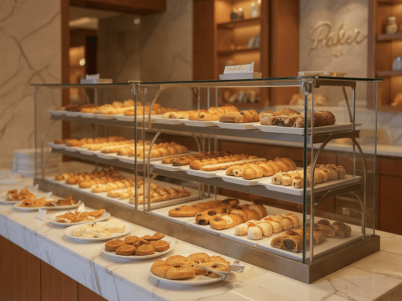 Display case in a bakery with various pastries and breads on plates and trays.