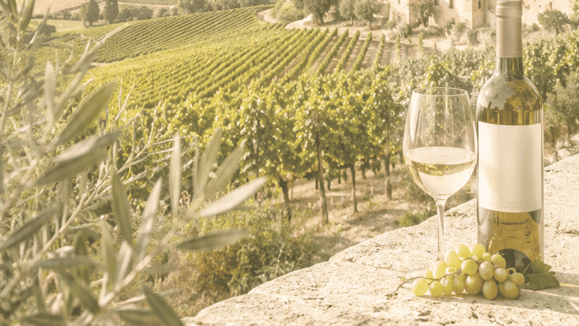 White wine bottle and glass with grapes overlooking Spanish vineyard landscape and historic church tower.