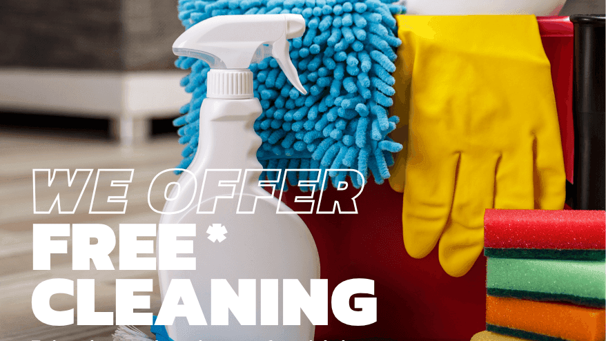 Cleaning supplies including spray bottle, sponges, gloves, and microfiber cloth arranged in a red bucket at UniLodge Park Avenue.