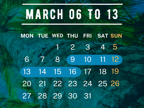 Calendar of March 6th - 13th at Playa Blanca Beach Resort